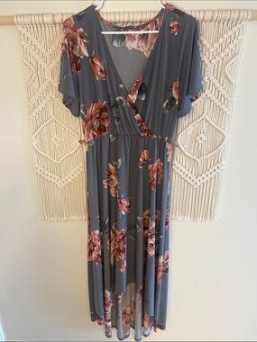 Floral Wrap Midi Dress in Slate Gray and Rose